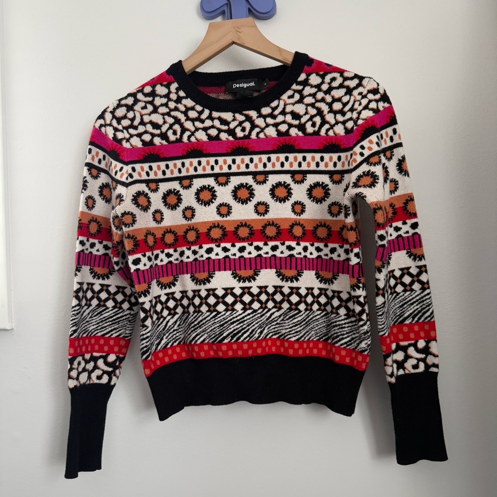 Desigual Medium Chapin Mixed Pattern Sweater Boho… - image 1
